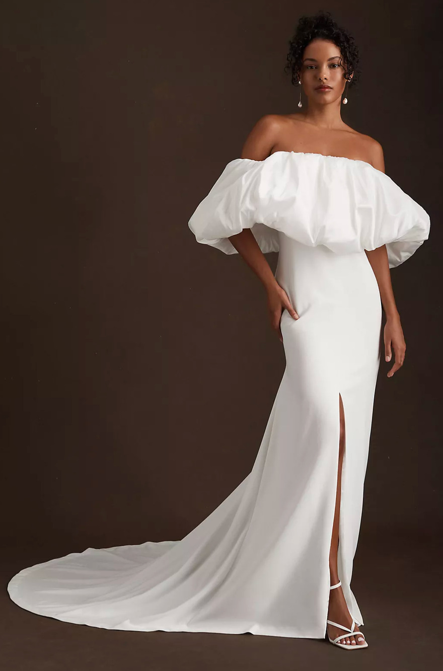 BHLDN Lynne Wedding Dress Size 6 Off Shoulder Puff Sleeve Bridal Gown